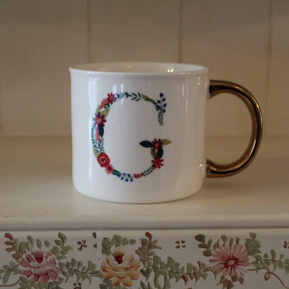 OPALHOUSE Floral letter “G” Porcelain Coffee mug with gold handle  16oz